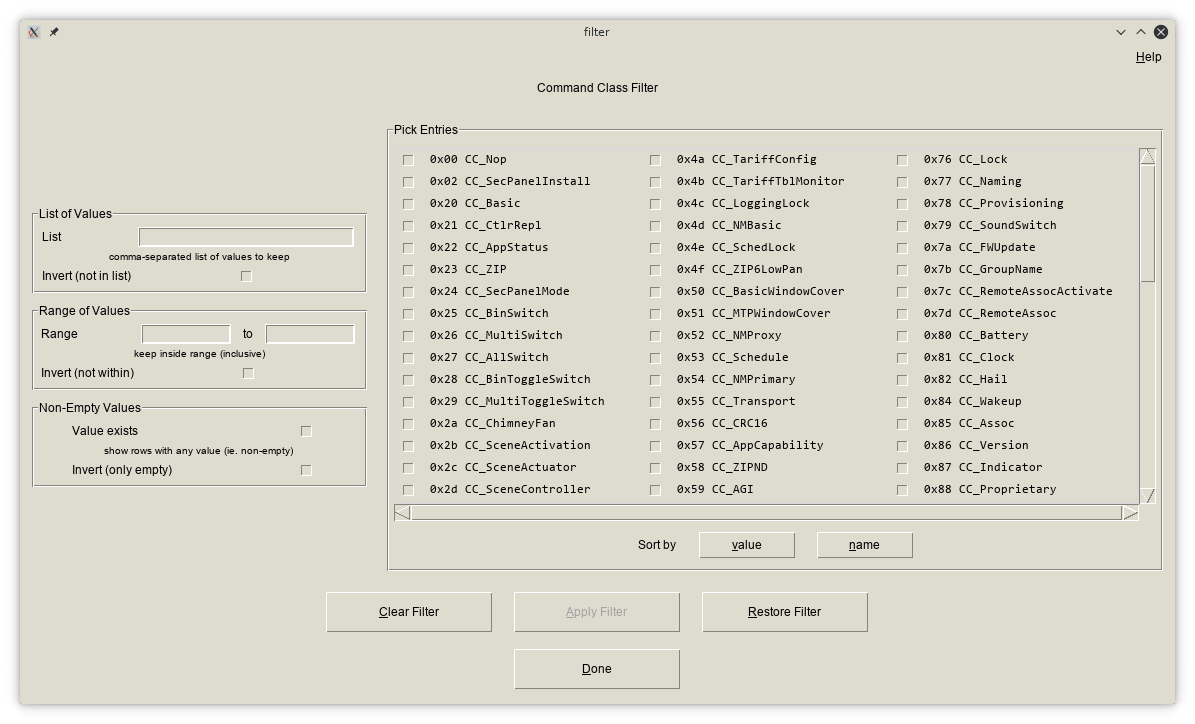 sample filter specification for a command class